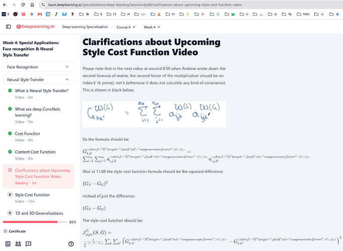 Deep Learning Specialization C4W4 Clarifications about Upcoming Style Cost Function Video