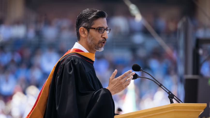 Sundar Pichai emphasizes AI optimism at Stanford, but graduates leave early