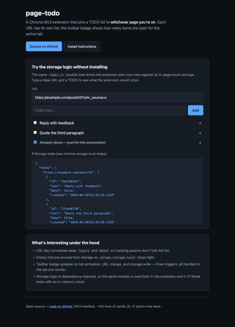 A Per-URL TODO List Chrome Extension in 150 Lines — Single-Key chrome.storage Design, URL Normalization, and Three Sync Paths for the Toolbar Badge